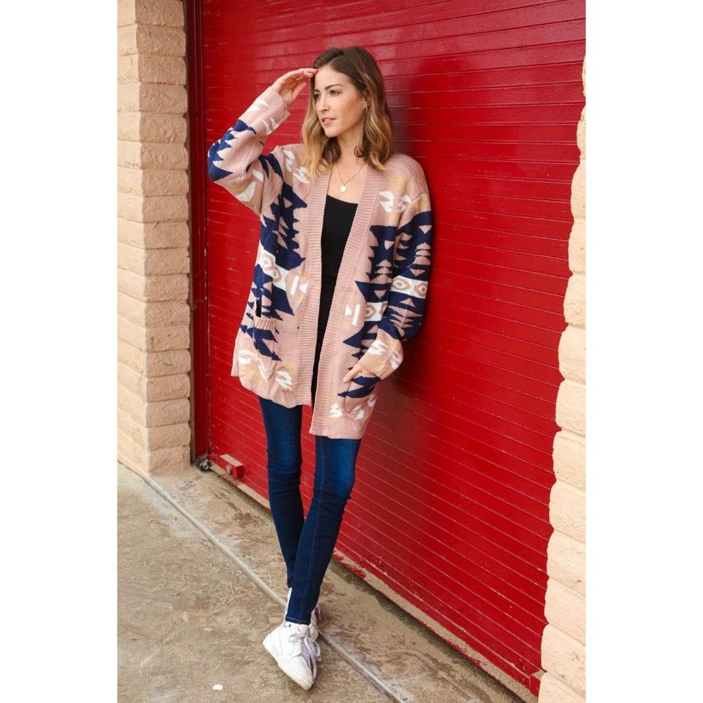 Aztec Tribal Print Open Cardigan with Pockets - Picture 2 of 7